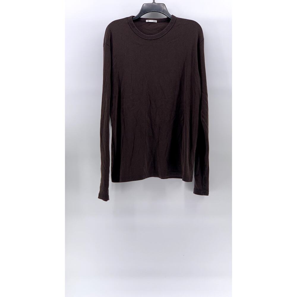 GU Men's Dark Brown Ribbed Crewneck Washed Slim-Fit Long Sleeve T-Shirt SZ L